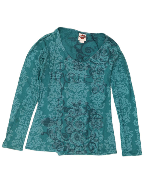 Harley Davidson Damen Top Langarm UK 14 Große blaue Paisley-Baumwolle