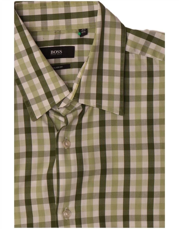 Hugo Boss Herren Kurzarmhemd Größe 40 15 3/4 Mittelgrüner Gingham
