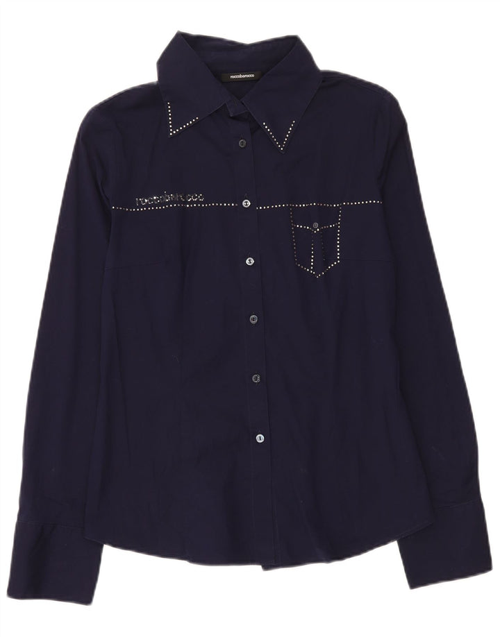 Roccobarocco Damen Grafik-Hemdbluse IT 44 Mittelmarineblaue Baumwolle
