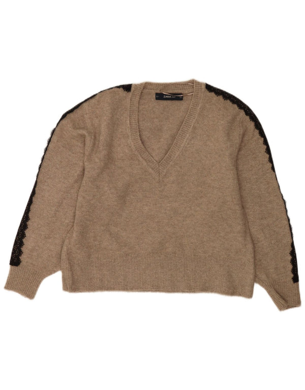 Zara Damen-Pullover mit V-Ausschnitt, übergroß, Gr. 10, Größe S, Beige, Acryl