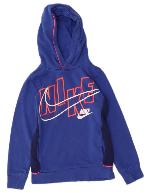 Nike Jungen-Pullover mit grafischem Kapuzenpullover, 5–6 Jahre, mittelblaue Colourblock-Baumwolle