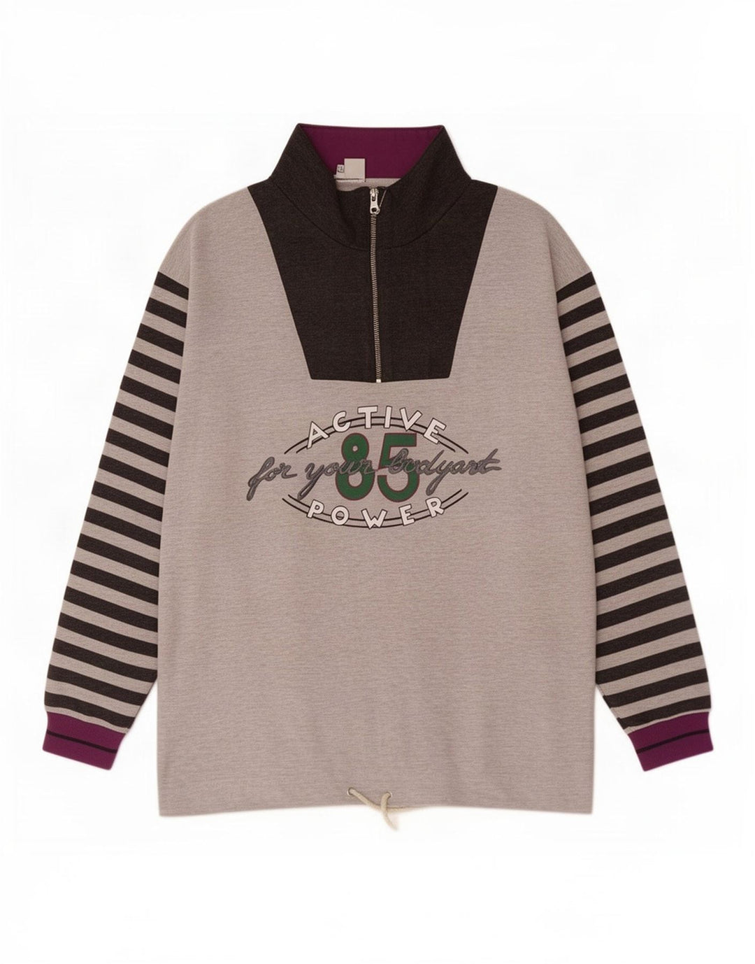 Vintage Herren-Sweatshirt mit grafischem Reißverschluss, groß, grau gestreift