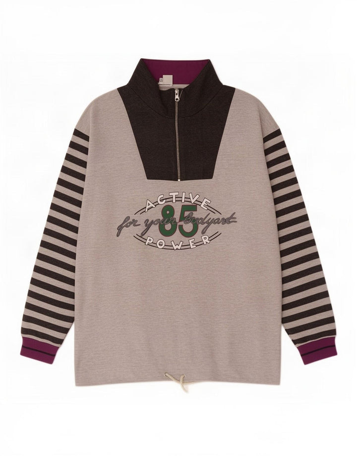 Vintage Herren-Sweatshirt mit grafischem Reißverschluss, groß, grau gestreift
