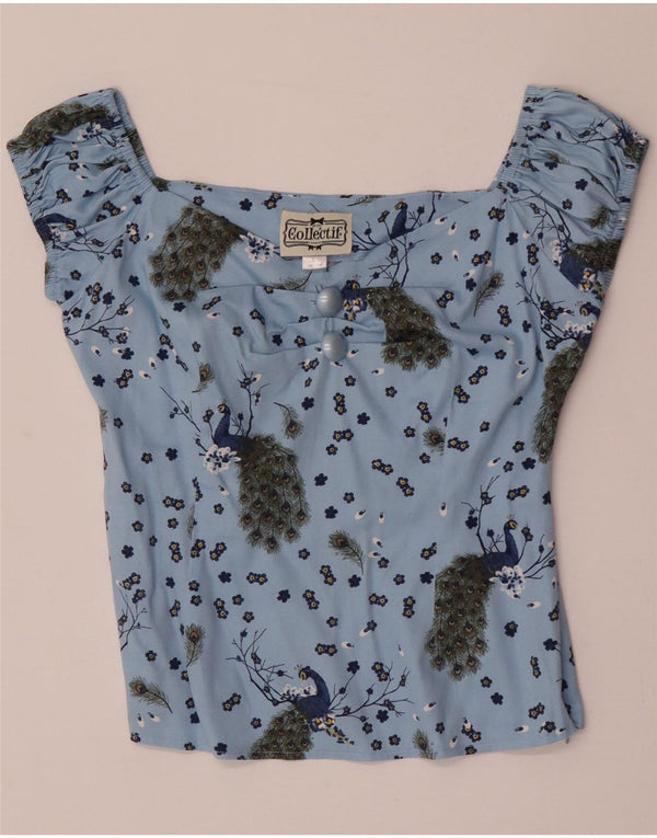Collectif Damen Crop Bluse Top UK 14 Mittelblaue Baumwolle mit Animal-Print