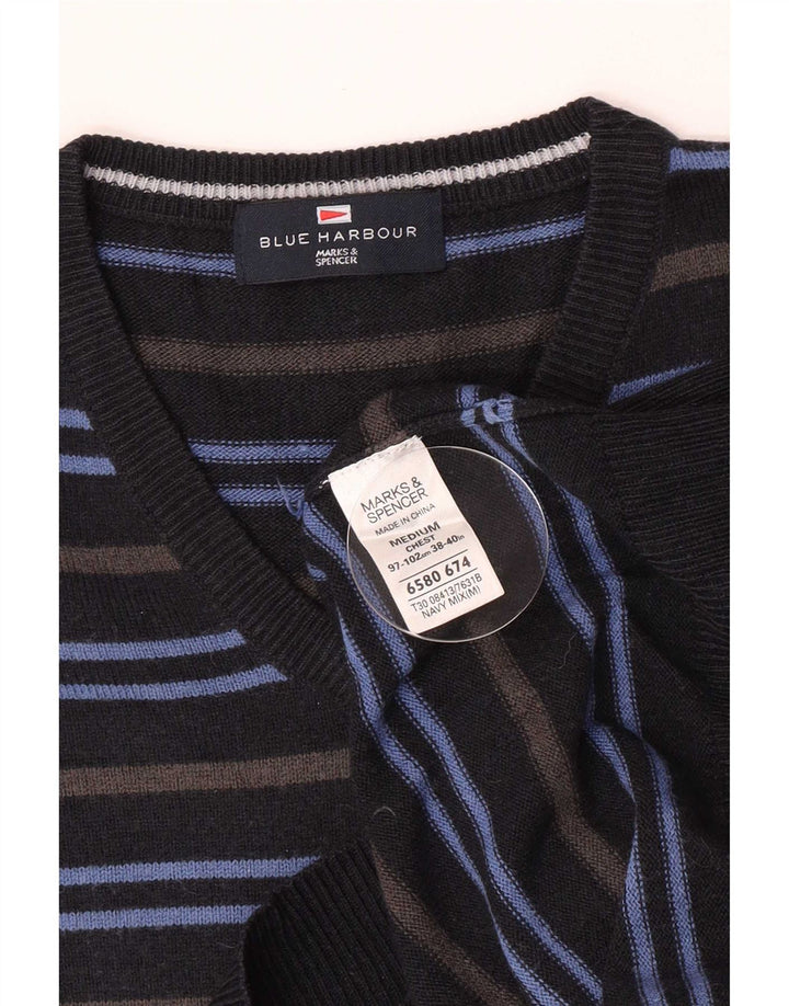 Marks & Spencer Herren-Pullover mit V-Ausschnitt, Mittelblau, gestreift, Acryl
