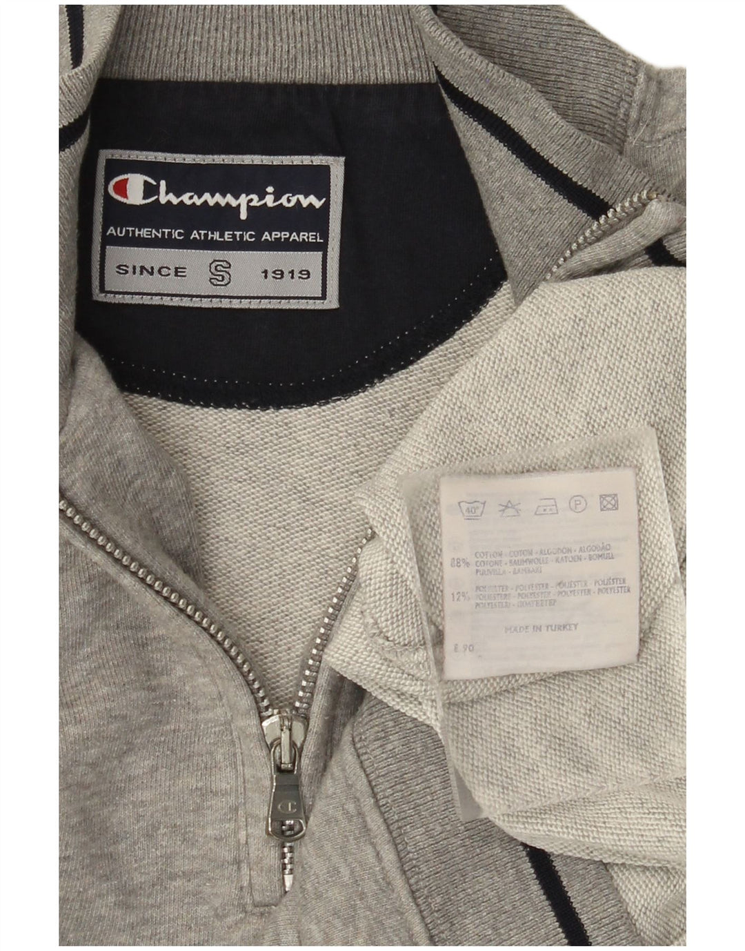 CHAMPION Herren-Sweatshirt mit grafischem Reißverschluss, Größe S, graue Baumwolle