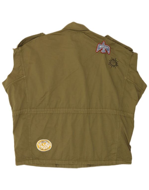 Replay Herren Military Loose Fit Utility Gilet UK 36 Small Khaki Baumwolle