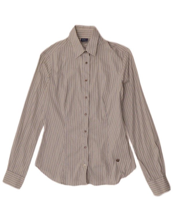 Trussardi Jeans Damenhemd UK 10 Small Graue Nadelstreifen-Baumwolle