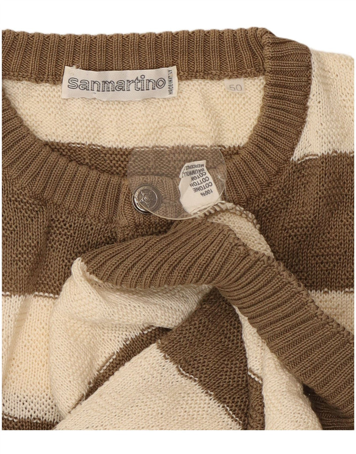 Vintage Damen-Pullover mit Knopfkragen, IT 50, mittelbraun, gestreift, Baumwolle