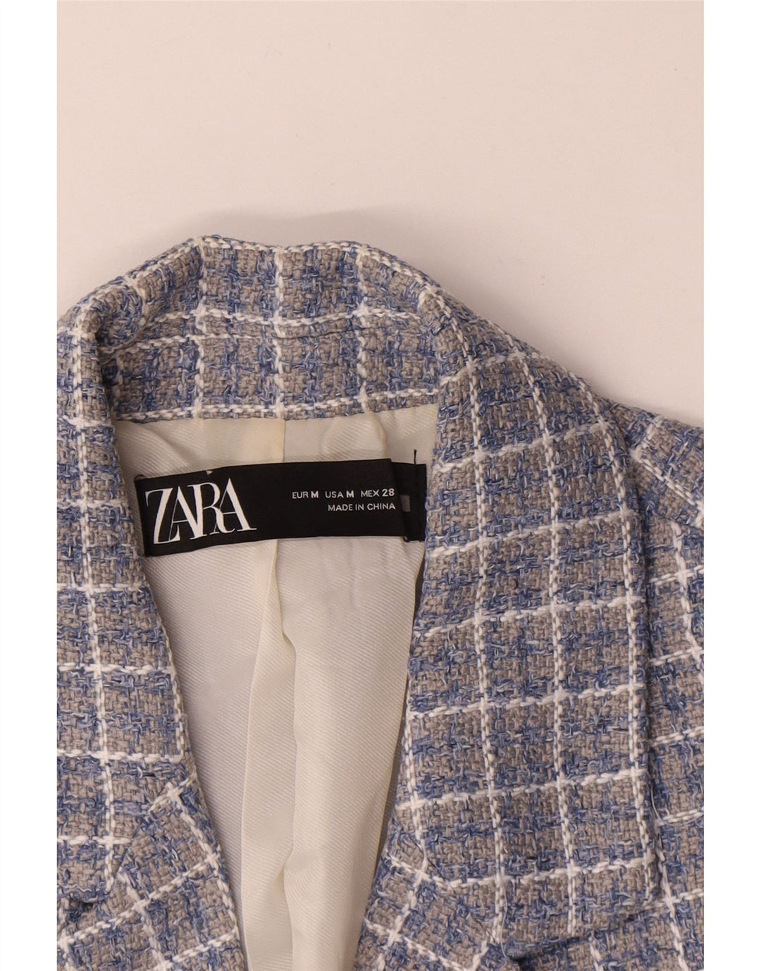 Zara Damen Crop Zweireiher Blazer Jacke UK 14 Mittelblau kariert