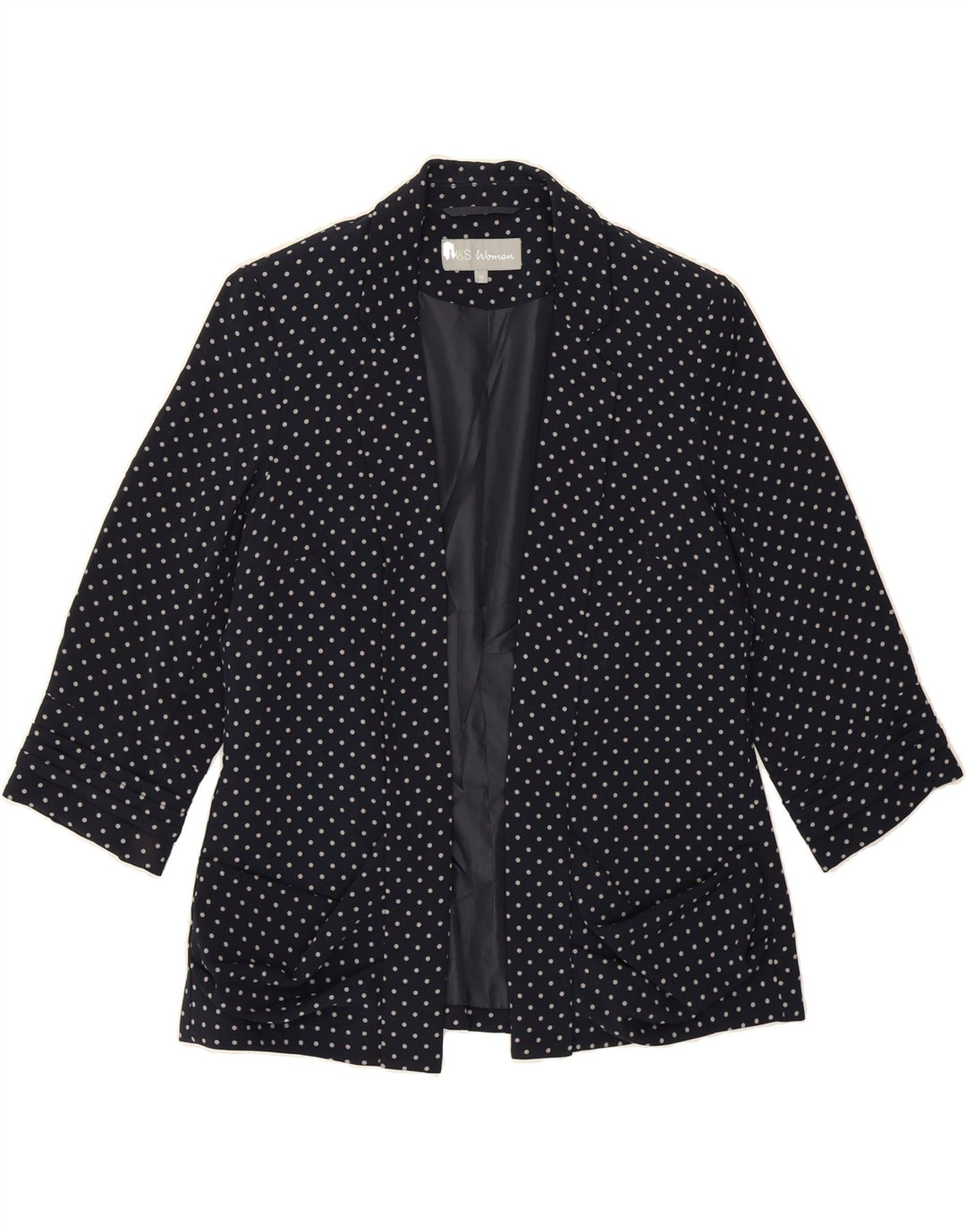 MARKS & SPENCER Womens Open Blazer Jacket UK 12 Medium Navy Blue Spotted Vintage Marks & Spencer and Second-Hand Marks & Spencer from Messina Hembry 