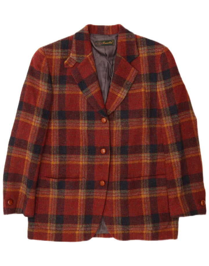 Lanolini Damen-Blazerjacke mit 3 Knöpfen, IT 42, mittelbraun karierte Wolle