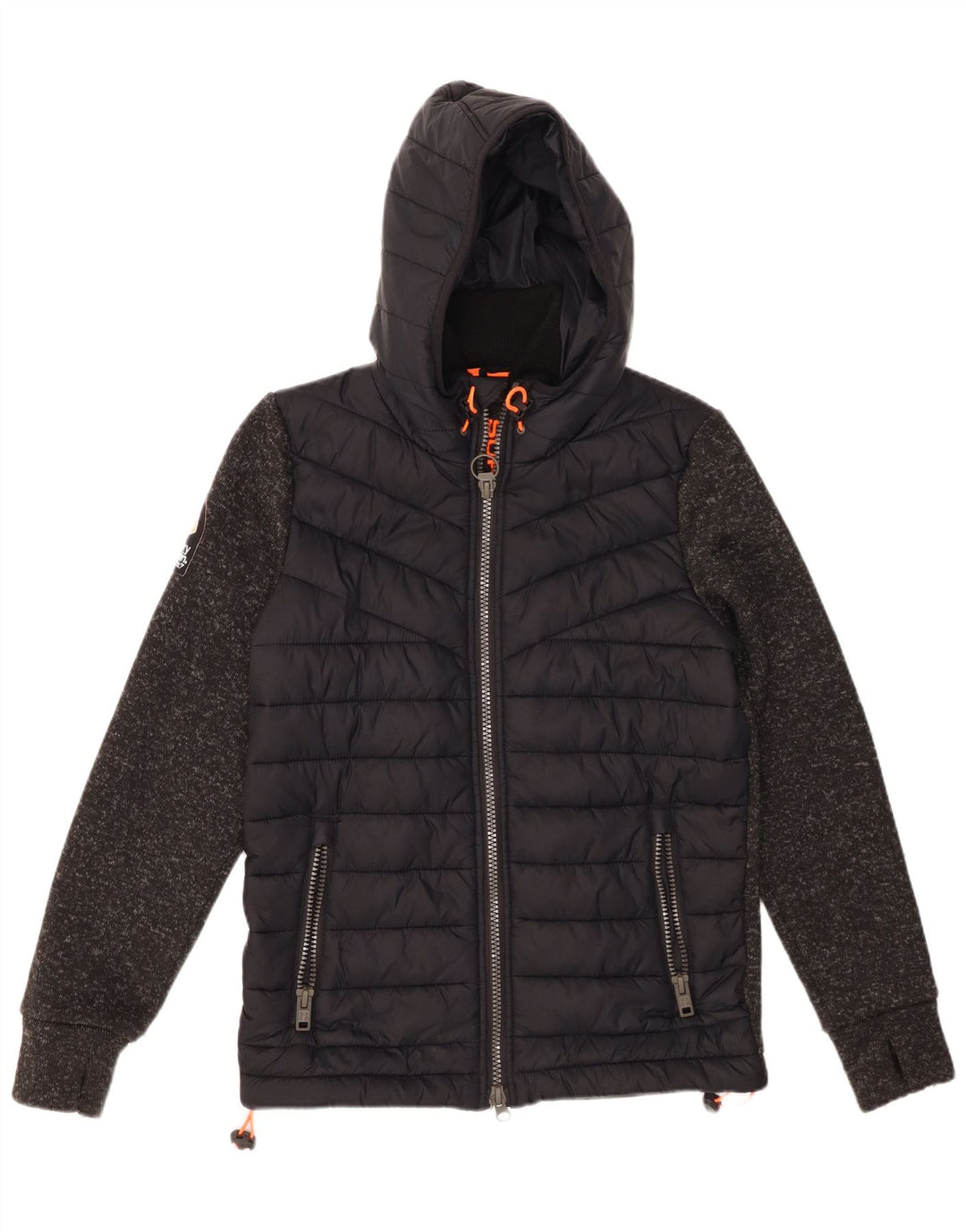 SUPERDRY wattierte Herrenjacke mit Kapuze, UK 38, Mittelschwarzes Colourblock-Nylon