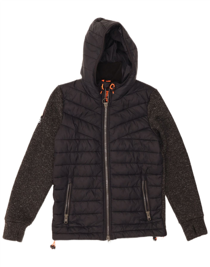 SUPERDRY wattierte Herrenjacke mit Kapuze, UK 38, Mittelschwarzes Colourblock-Nylon