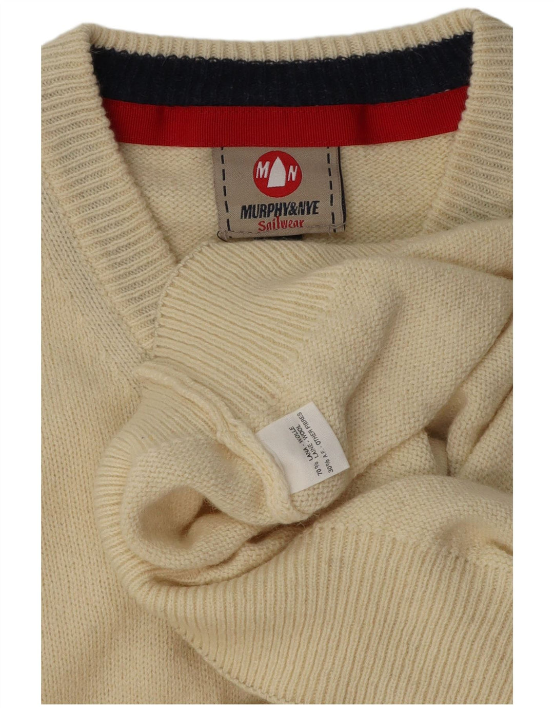 Murphy & Nye Herren-Sailwear-Pullover mit V-Ausschnitt, groß, cremefarbene Wolle