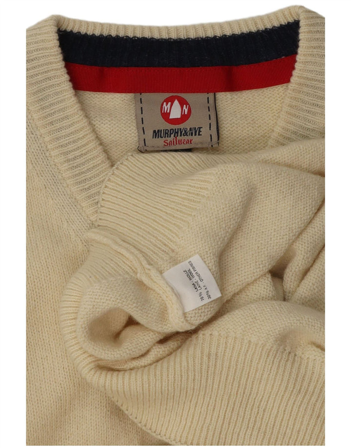 Murphy & Nye Herren-Sailwear-Pullover mit V-Ausschnitt, groß, cremefarbene Wolle