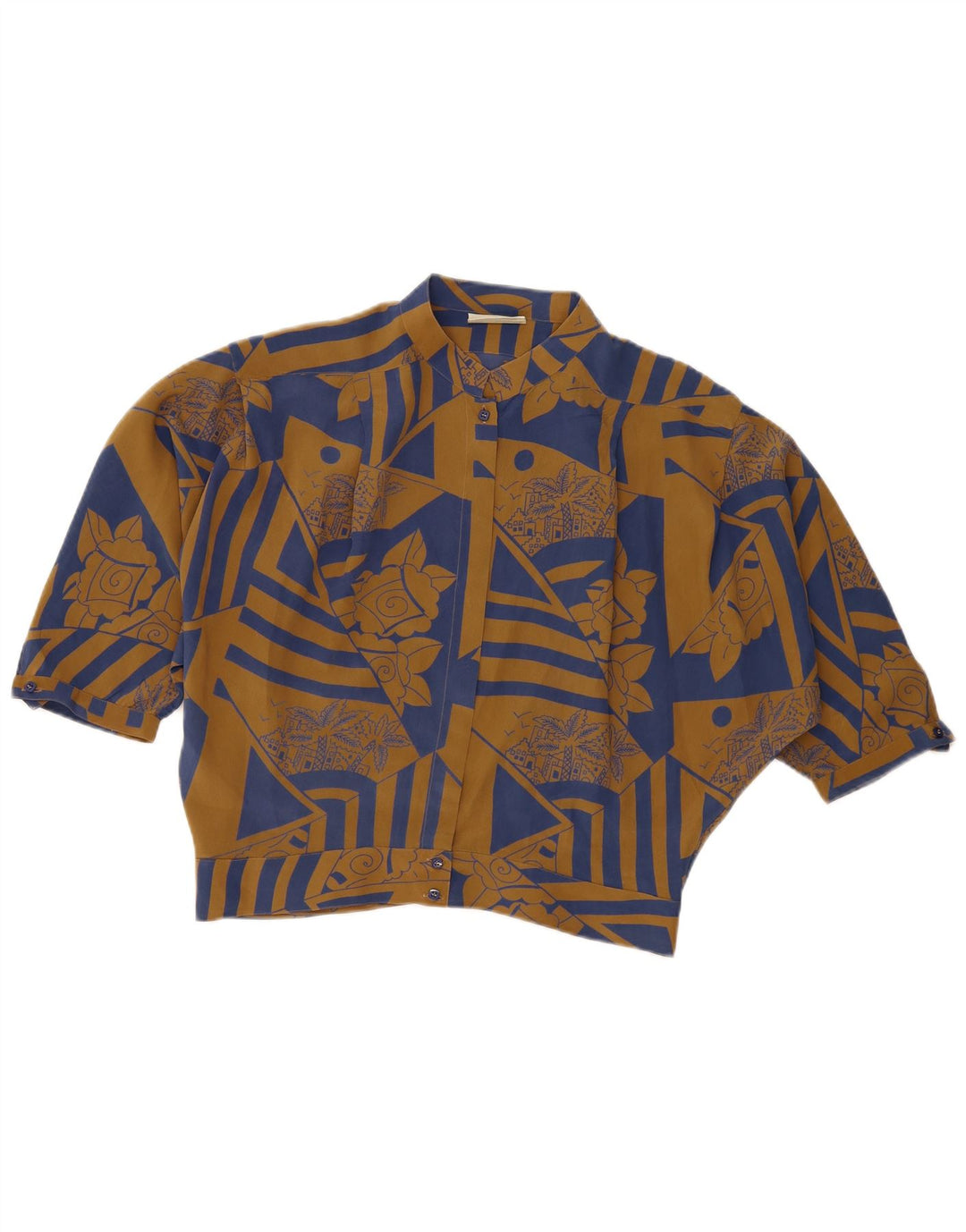 VINTAGE Damen Kurzarm-Hemdbluse IT 46 Große braune Blumenseide