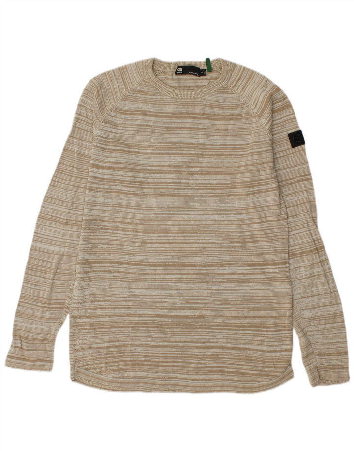G-Star Herren-Pullover mit Rundhalsausschnitt, klein, beige, gestreift, Baumwolle