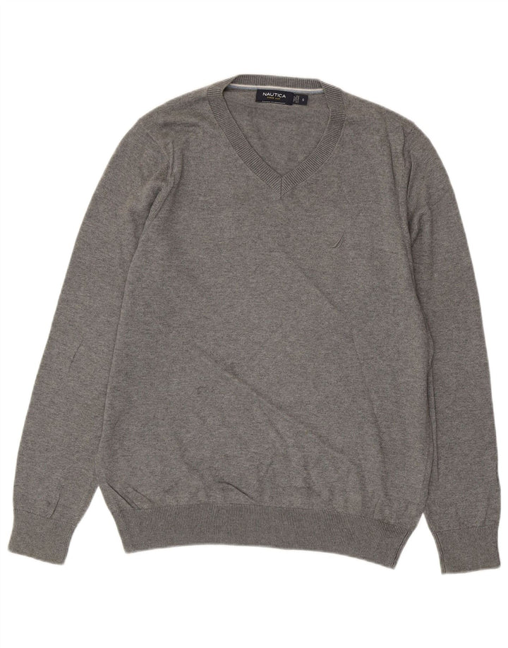 NAUTICA Herren-Pullover mit V-Ausschnitt, Größe S, graue Baumwolle