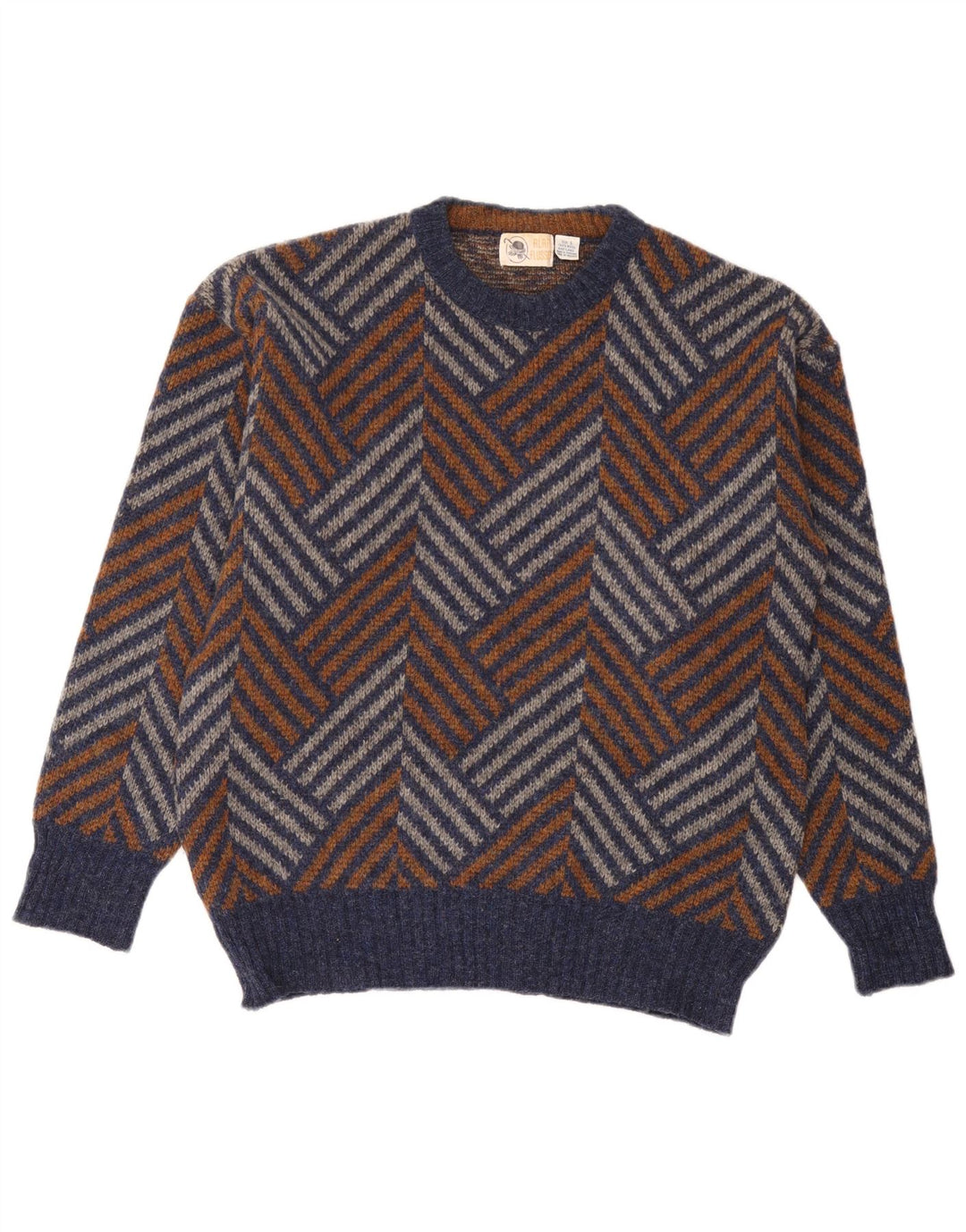 Vintage Herren-Pullover mit Rundhalsausschnitt, große, mehrfarbige Chevron-Wolle