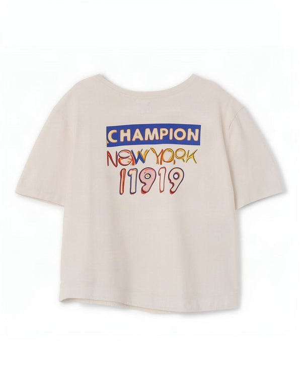 Champion Damen Crop Graphic T-Shirt Top UK 14 Mittelweiße Baumwolle