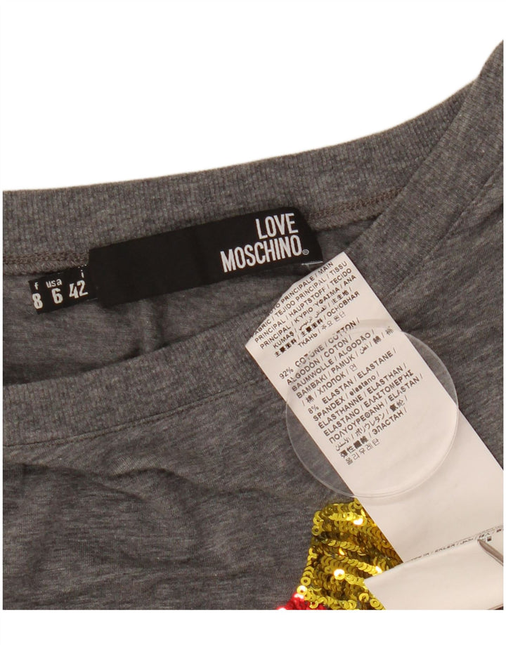 MOSCHINO Damen Grafik-T-Shirt-Oberteil IT 42 Mittelgrau gesprenkelte Baumwolle