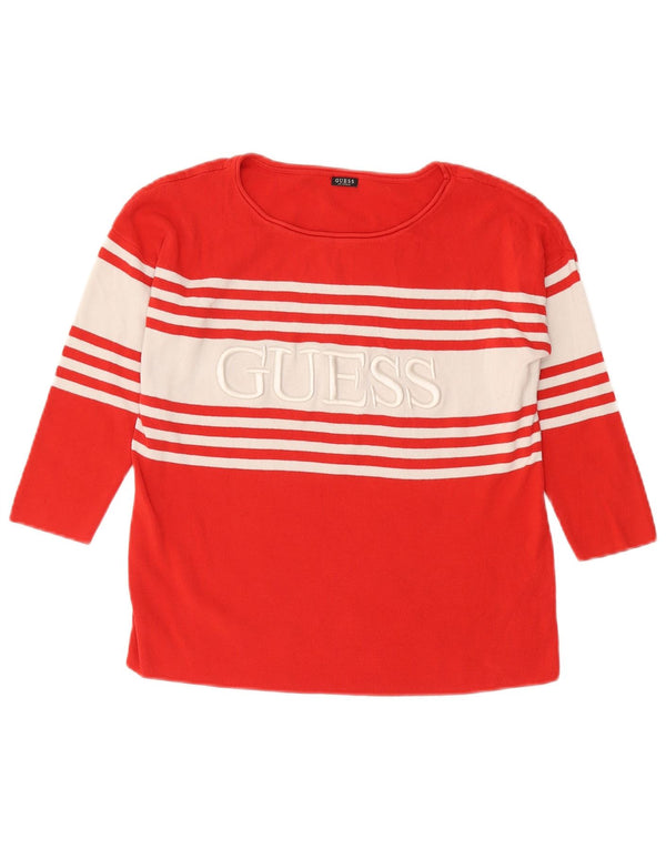 Guess Damen-Pullover mit Grafik, übergroß, U-Boot-Ausschnitt, Gr. 6, XS, rot gestreift