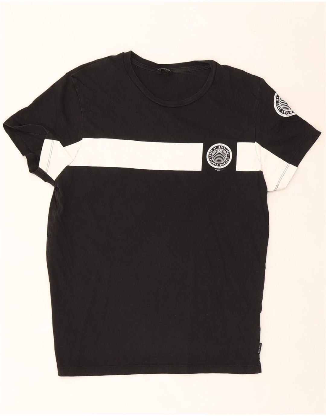 JACK & JONES Mens Graphic T-Shirt Top Medium Black Colourblock Cotton Vintage Jack & Jones and Second-Hand Jack & Jones from Messina Hembry 