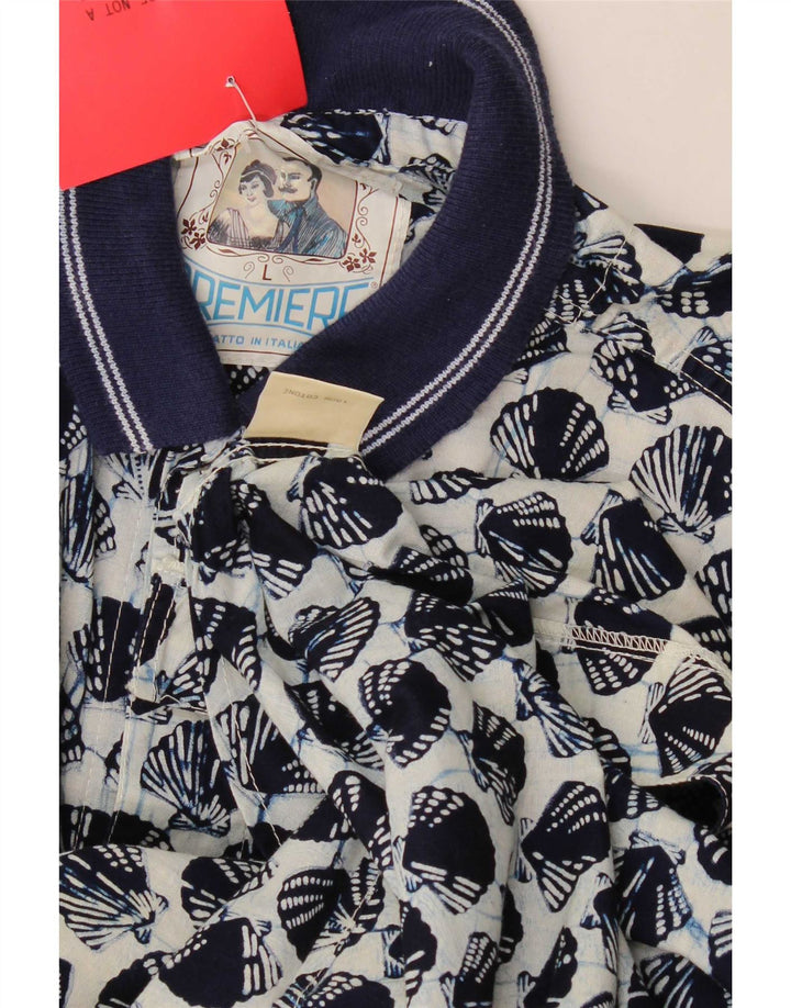 Vintage Herren-Kurzarmhemd mit abstraktem Muster, groß, marineblaue Baumwolle