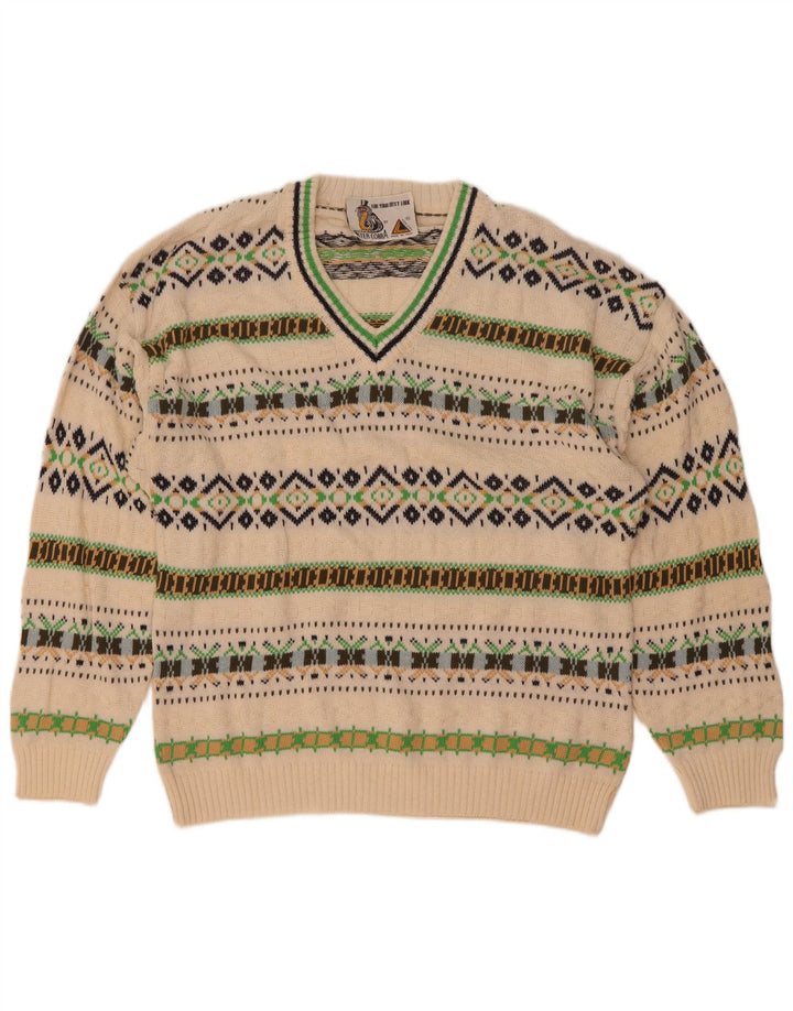 Vintage Herren V-Ausschnitt Pullover Pullover mittelweiße geometrische Baumwolle