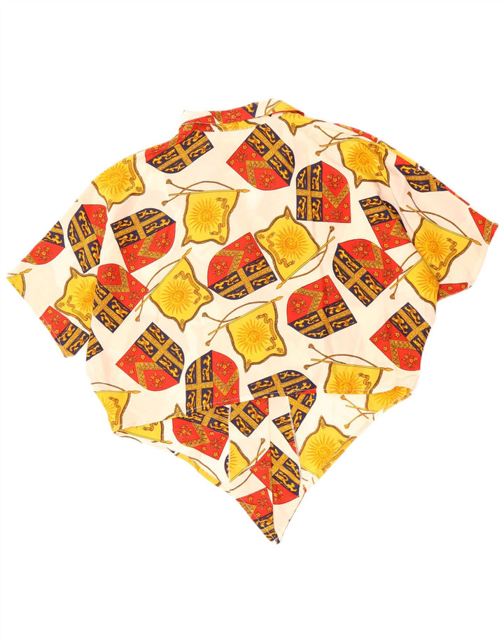 Vintage Damen Crop Abstraktes Muster Hemdbluse UK 14 Large Off White