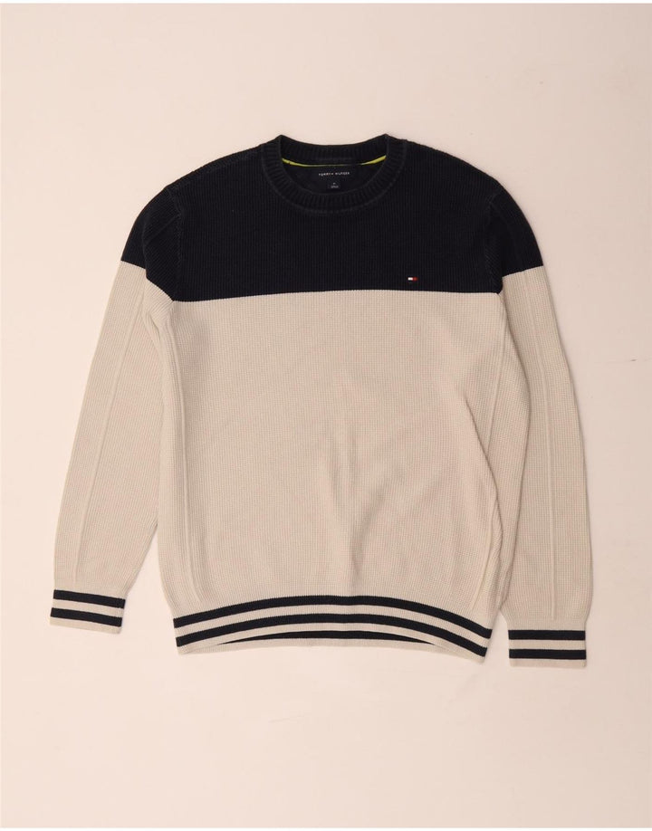 Tommy Hilfiger Herren-Pullover mit Rundhalsausschnitt, mittelgroß, gebrochenes Weiß, Farbblock