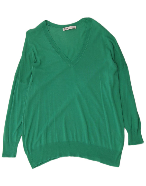 Zara Damen-Pullover, übergroß, V-Ausschnitt, UK 14, mittelgrün, Baumwolle