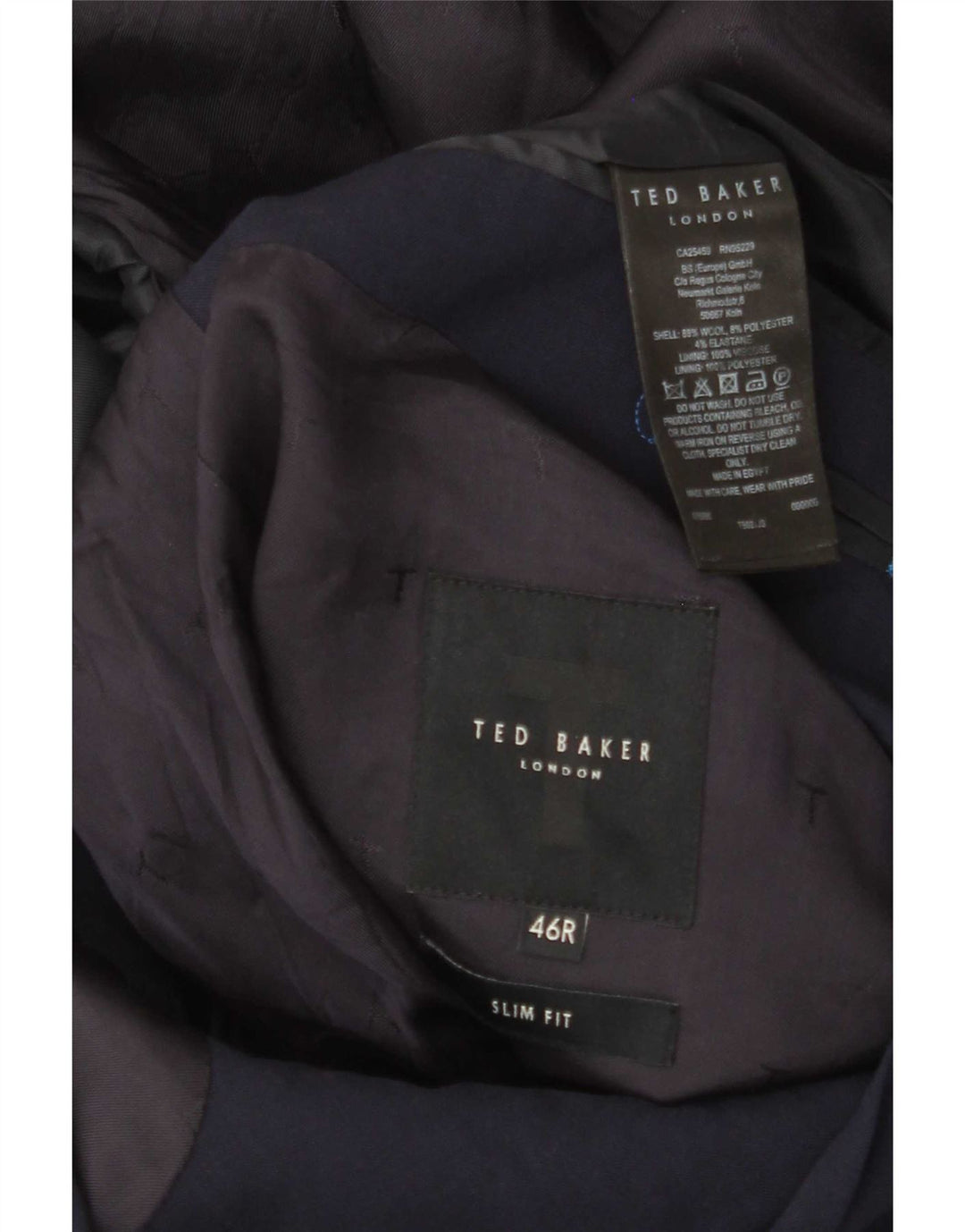 Ted Baker Herren Slim Fit 2-Knopf-Blazerjacke UK 46 3XL Marineblaue Wolle
