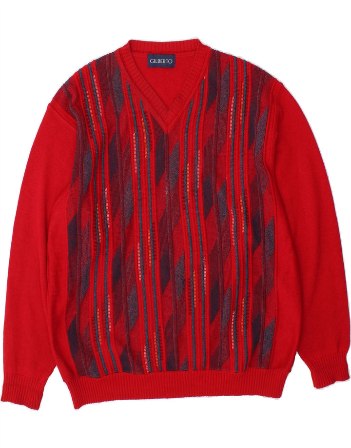 GILBERTO Mens V-Neck Jumper Sweater IT 50 Medium Red Striped Cotton Vintage Gilberto and Second-Hand Gilberto from Messina Hembry 