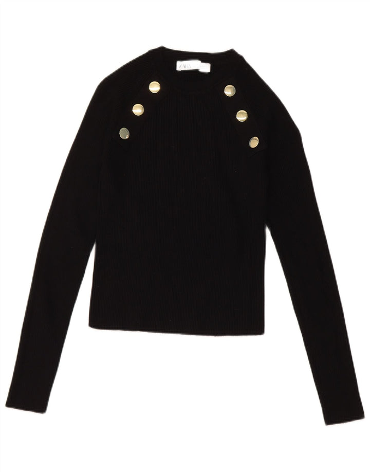Zara Damen Crop Top Langarm UK 14 Große schwarze Viskose