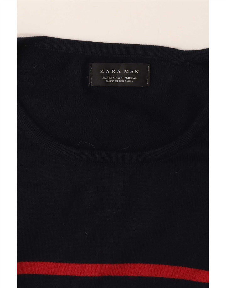 Zara Herren-Pullover mit Rundhalsausschnitt, XL, Marineblau gestreift