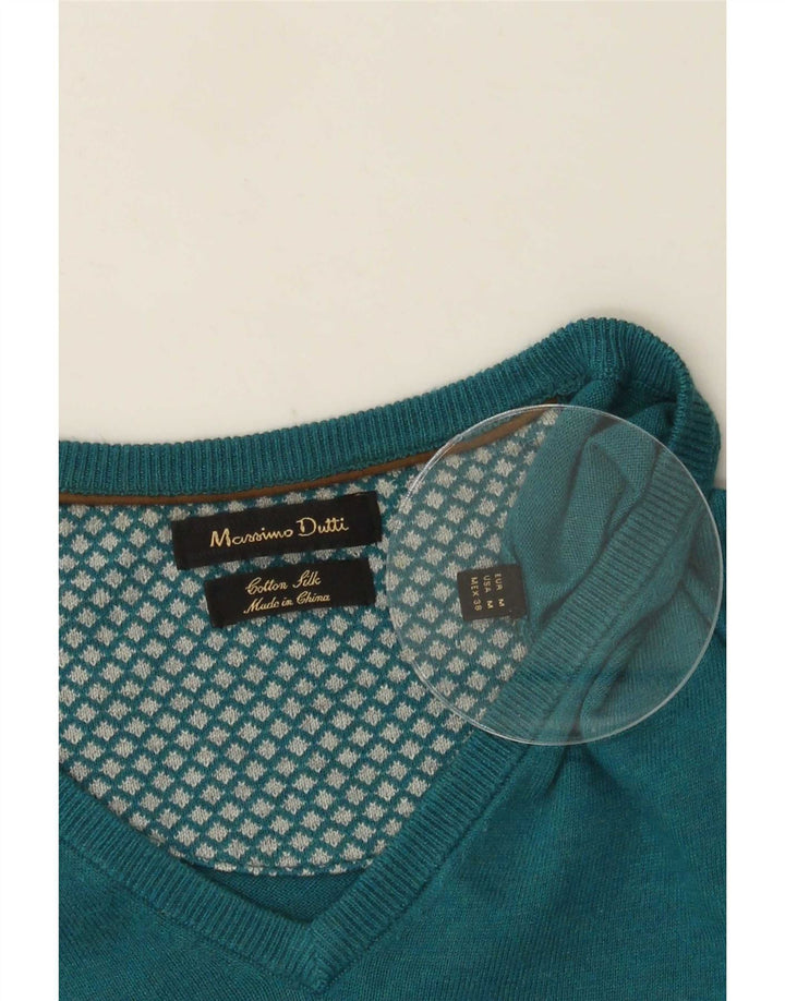 Massimo Dutti Herren-Pullover mit V-Ausschnitt aus mittelblauer Baumwolle