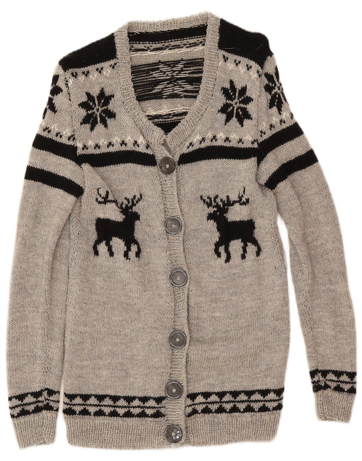 Vintage Damen Cardigan Pullover UK 12 Mittelgrau Fair Isle
