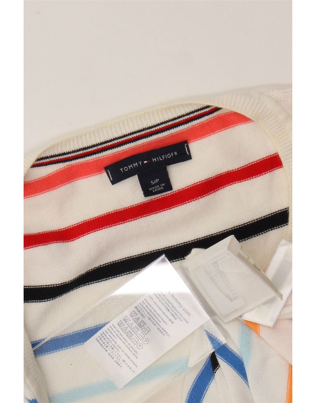 TOMMY HILFIGER Damen-Pullover mit V-Ausschnitt, Gr. 10, Größe S, weiß gestreift