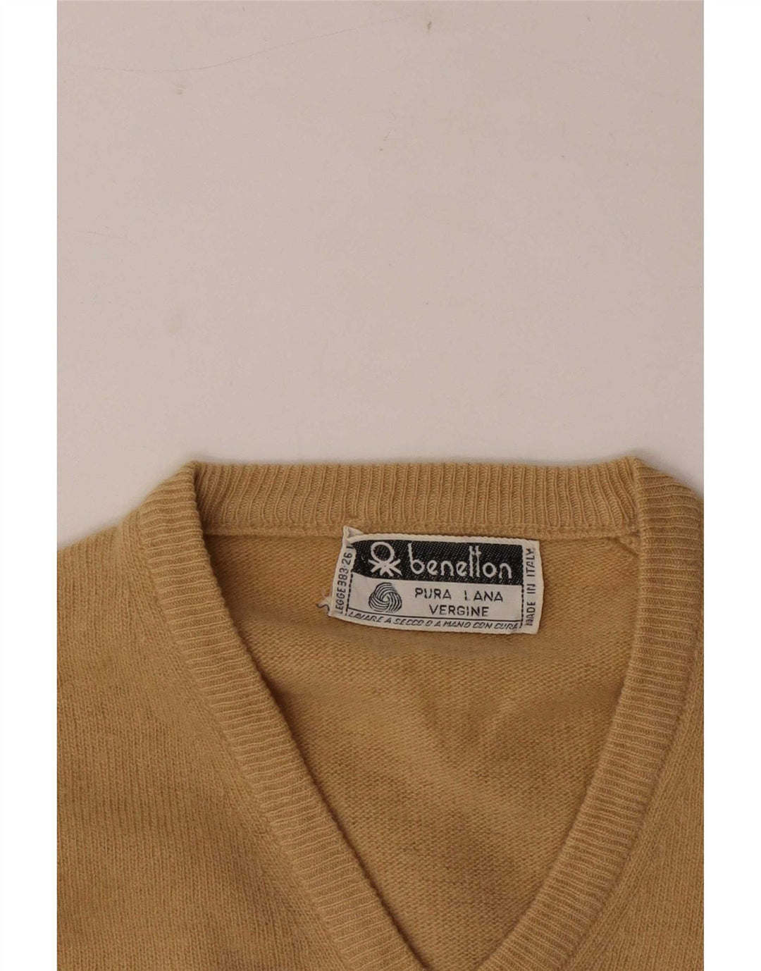 Benetton Damen-Pullover mit V-Ausschnitt, Gr. 10, kleine beige Wolle