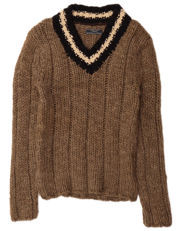 Zara Herren-Pullover mit V-Ausschnitt, großes braun gestreiftes Acryl