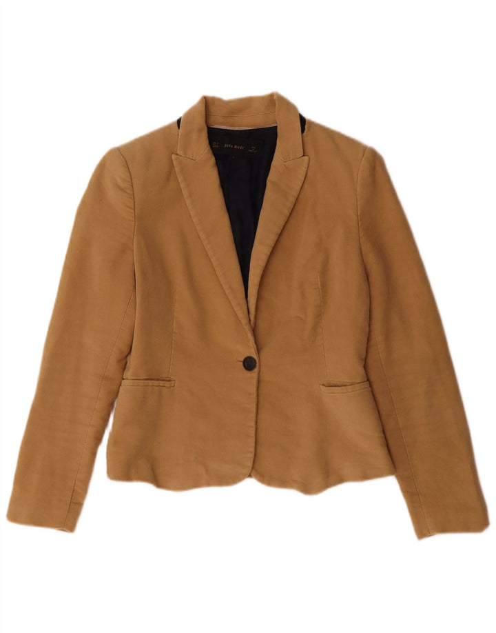 Zara Damen Crop 1 Button Blazer Jacke UK 12 Mittelbeige Acetat