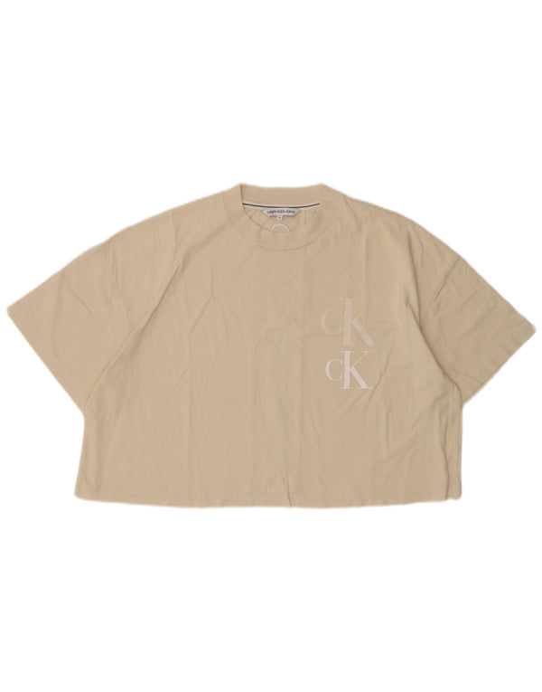Calvin Klein Jeans Damen Oversize Crop Graphic T-Shirt Top UK 6 XS Beige