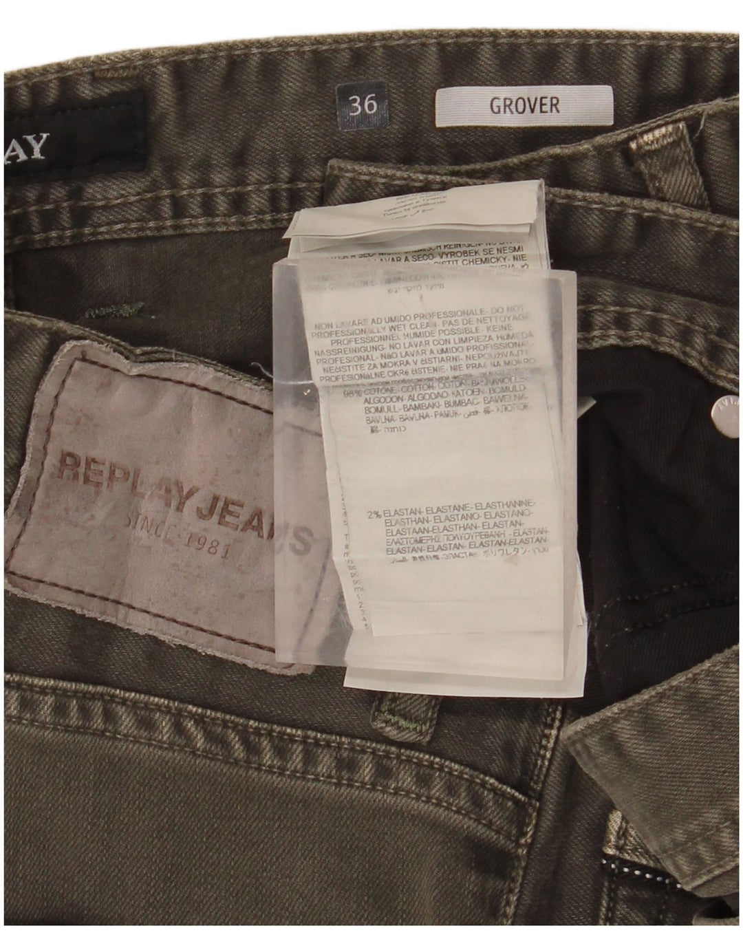 REPLAY Herren Grover Slim Jeans W36 L32 Khaki Baumwolle