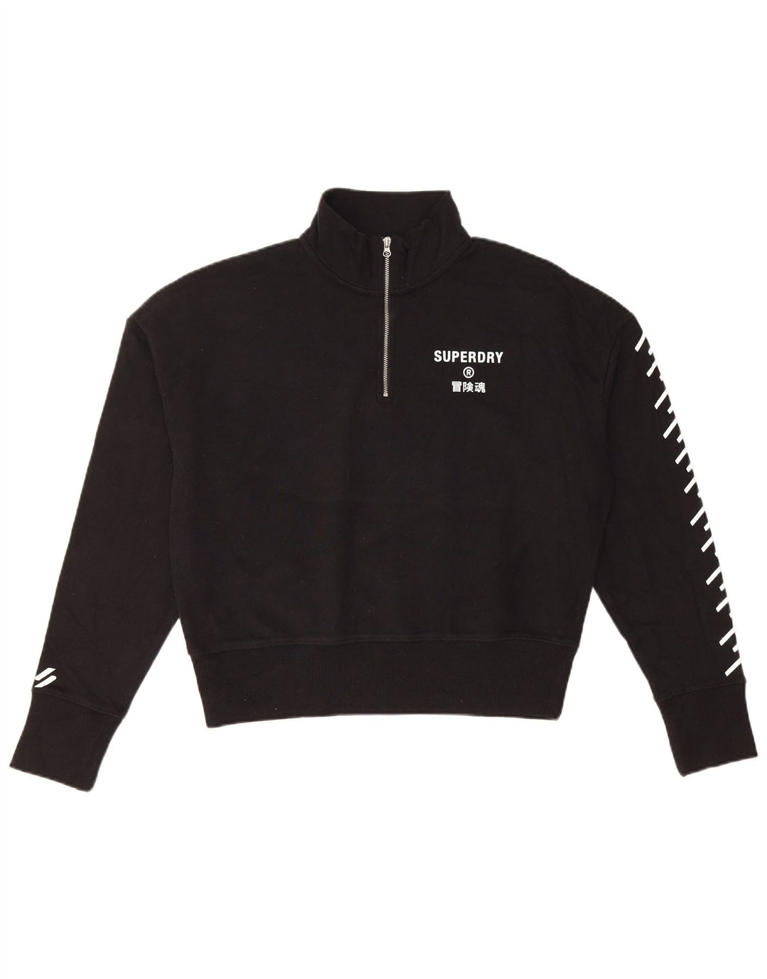 Superdry Damen Crop Graphic Zip Neck Sweatshirt Pullover UK 12 Medium Schwarz