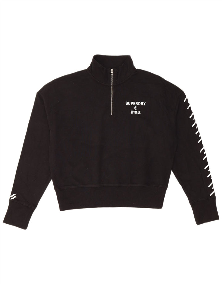 Superdry Damen Crop Graphic Zip Neck Sweatshirt Pullover UK 12 Medium Schwarz