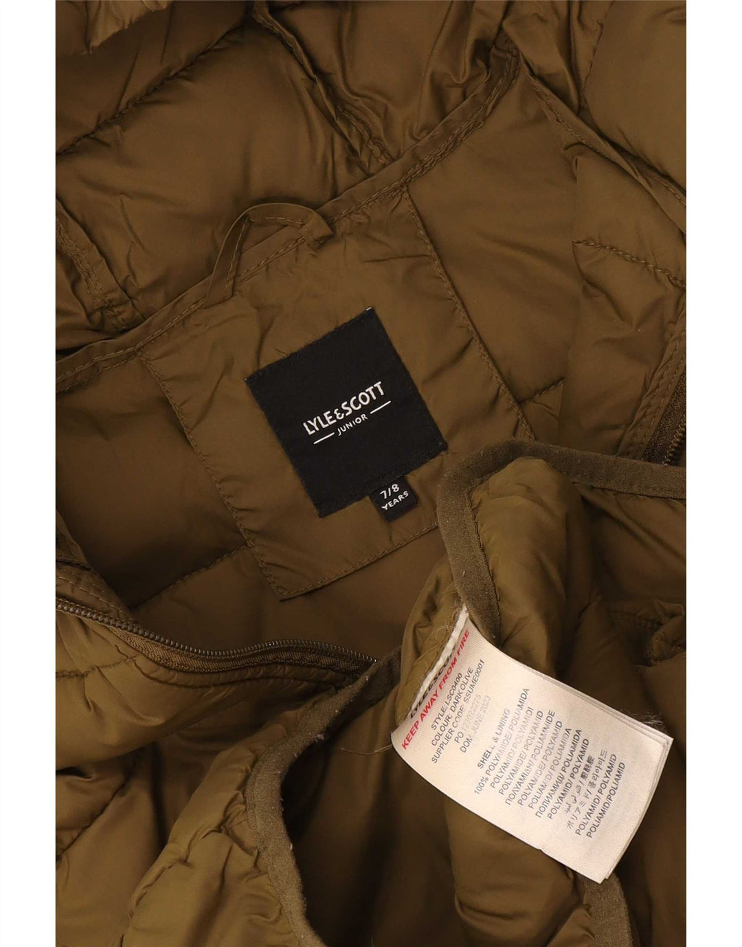 Lyle & Scott Wattierte Jungenjacke mit Kapuze, 7–8 Jahre, Khaki, Polyamid