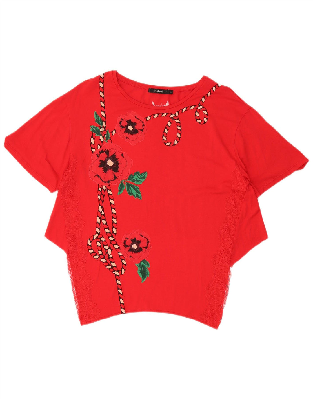 DESIGUAL Damen Asymmetrisches Blusenoberteil UK 14 Großes rotes Blumenmuster