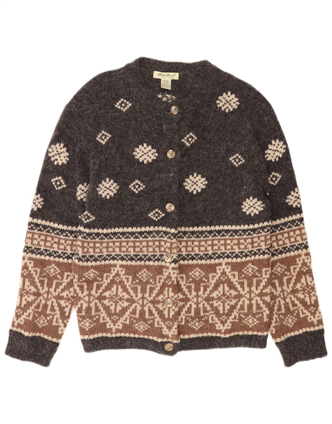 Eddie Bauer Womens Cardigan Sweater UK 14 Medium Grey Fair Isle Wool